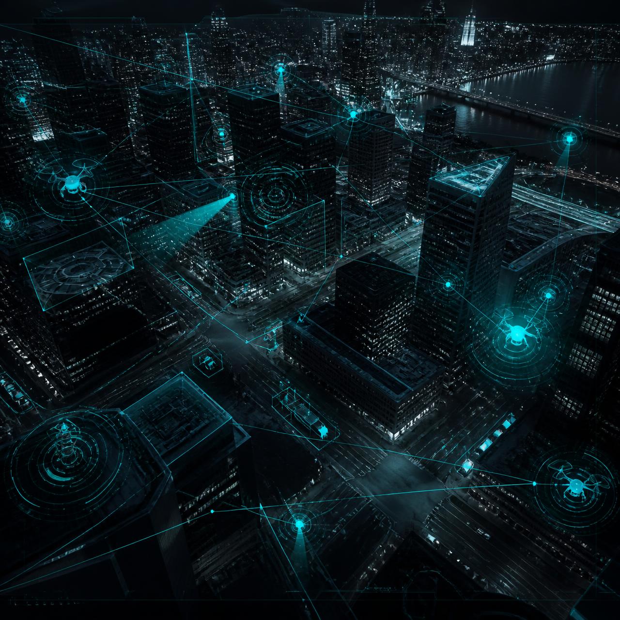 Smart city with surveillance overlays, sensor nodes and AI tracking indicators